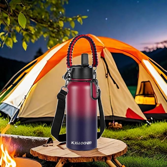KXIAOCHEN Insulated Water Bottle with Strap, 48-Hour Cold, 2 Lids | Triple-wall insulation, lead-free 18/8 Stainless steel, paracord handle, carabiner clip, for gym, hiking, camping and travel
