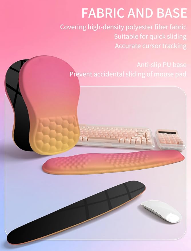 Hokafenle 2in1 Combination, Wave Keyboard Wrist Rest and Ergonomic Curvature Mouse Pad Wrist Support for Relieve Wrist Pain, Filled with Soft Cushion Memory Foam, Sunset Glow