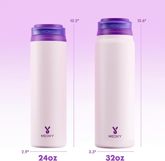 Meoky 24 oz Insulated Water Bottle: Flip-to-Pop Straw, Leak Proof, 24H Cold, Fits in Car Cup Holder, Wide Mouth, BPA-Free, Stainless Steel Water Bottle for Women Teen Girls, Dreamy Field