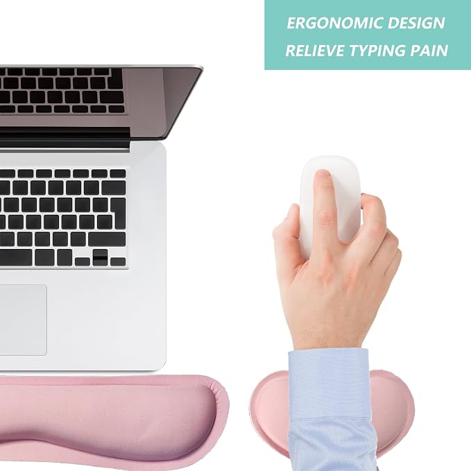 Keyboard Wrist Rest Mouse Wrist Support Set, Memory Foam Wrist Rest Pad for Computer Laptop Keyboard Mouse, Ergonomic Wrist Cushion Support for Typing Pain Relief, Gaming Home Office, Pink