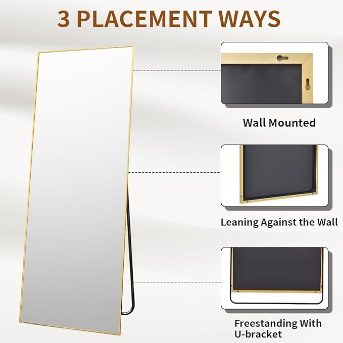 VooBang Mirror Full Length - 21" x 57" Floor Mirror with Stand Gold | Aluminum Alloy Frame Full Body Dressing Mirror, Standing Hanging or Leaning Against Wall for Bedroom and Living Room