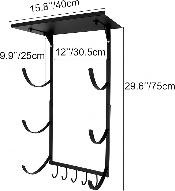 Wall Mount Yoga Mat Storage Rack, Heavy Duty Iron Organizer with 3-Tier J-Hooks, Wide Top Shelf and 5-Hook Bottom Rail for Yoga Mats, Foam Rollers, Blocks and Home Gym Accessories