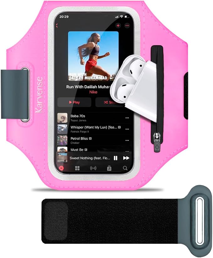 Running Phone Holder, Arm Band for Running for iPhone & Samsung Galaxy, Cell Phone Armband Holder for Walking, Gym, Workout, Men, Women, w/Adjustable Strap & Zipper Pocket (Pink-L)