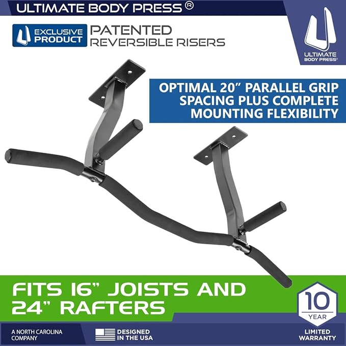 Ceiling Mount Pull Up Bar with Reversible Risers for 16 and 24 Inch Joists with Optimum Grip Spacing by Ultimate Body Press