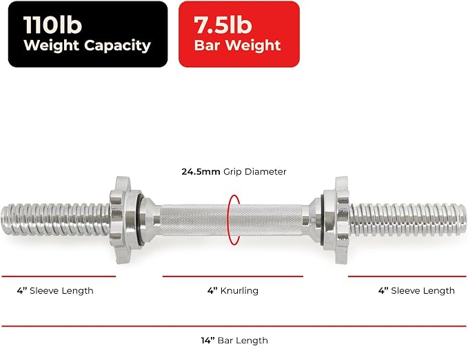 Sunny Health & Fitness Threaded Dumbbell w/Star-Lock Collars, 14"- 24" Pair | 1" Plate Compatible, Chrome Handle, 110 lb Capacity, 25mm Knurled Grip, Star-Lock Collars, Home Gym Training