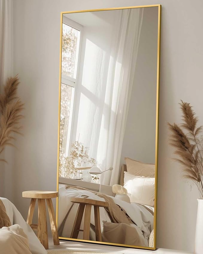 Antok Full Length Mirror, 58"x21" Floor Mirror with Stand, Hanging Mounted Mirrors for Bedroom, Living Room, Cloakroom, Dining Room, Gold, Rect