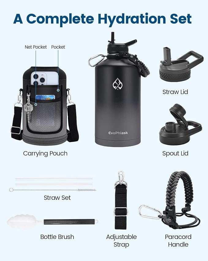 1 Gallon Water Bottle Insulated with Carrier Bag, Black/Gray | Stainless Steel, Vacuum Insulated Keep Cold 48 Hrs, 128 oz Large Gallon Water Jug, For Travel, Sport, Gym, Hiking