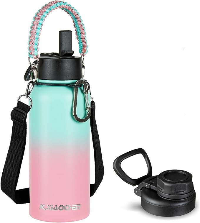 KXIAOCHEN Insulated Water Bottle with Strap, 48-Hour Cold, 2 Lids | Triple-wall insulation, lead-free 18/8 Stainless steel, paracord handle, carabiner clip, for gym, hiking, camping and travel