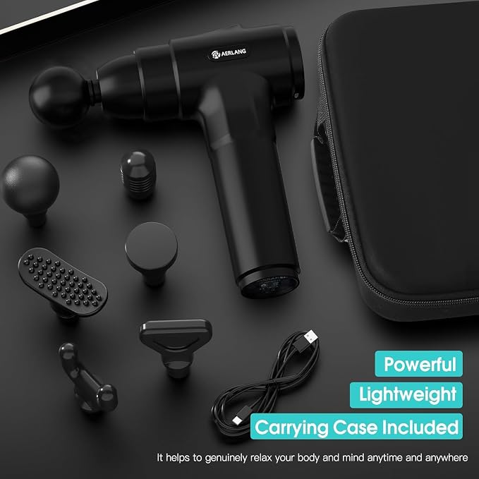 AERLANG Muscle Massage Gun, Back Massager Deep Tissue Gun for Athletes to Relief Pain and Relax with 20 Adjustable High Intensity Speeds 6 Heads, Body Carrying Case