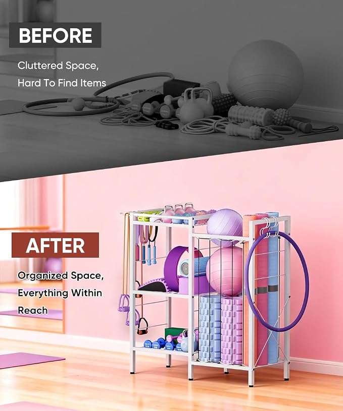 3 Tiers Dumbbells Yoga Mat Storage Rack with Elastic Straps for Kettlebells Foam Roller Resistance Bands Balls, Workout Equipment Organizer Weight Storage Holder with Hooks for Home Gym