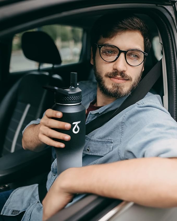 Trebo 32 oz Water Bottle Insulated Fits in Any Car Cup Holder with 2 Lids | Stainless Steel T-shape Tumbler with Paracord Handle, Triple Wall Vacuum Copper Plated, Cold 48 Hrs for Travel, Leakproof