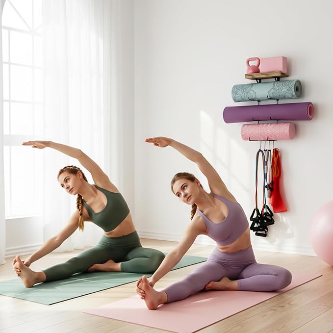 VINAEMO Yoga Mat Holder Accessories Wall Mount Organizer Storage Decor Foam Roller and Towel Storage Rack with 4 Hooks and Wooden Shelves Yoga Mats Rack Resistance Bands for Home Gym School Office