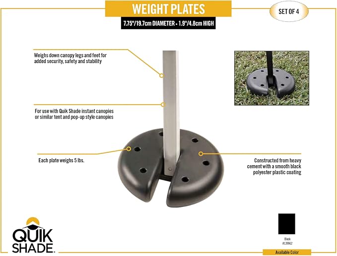Quik Shade Set of 4 Heavy Duty Weight Plates for Securing Instant and Pop-Up Canopies and Tents,Black
