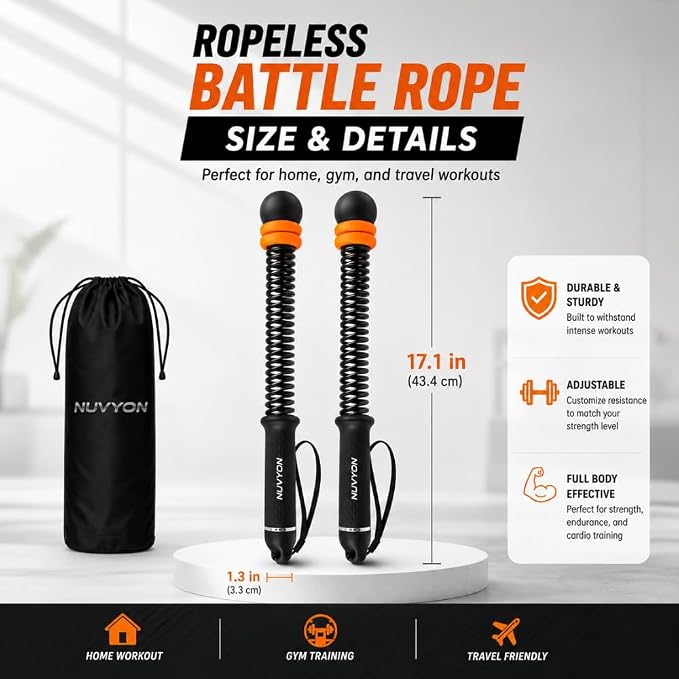 Ropeless Battle Ropes for Home Gym, Portable Cordless Battle Rope with Adjustable Resistance & Weighted Handles, HIIT Strength Training & Low-Impact Cardio Workout for Men & Women
