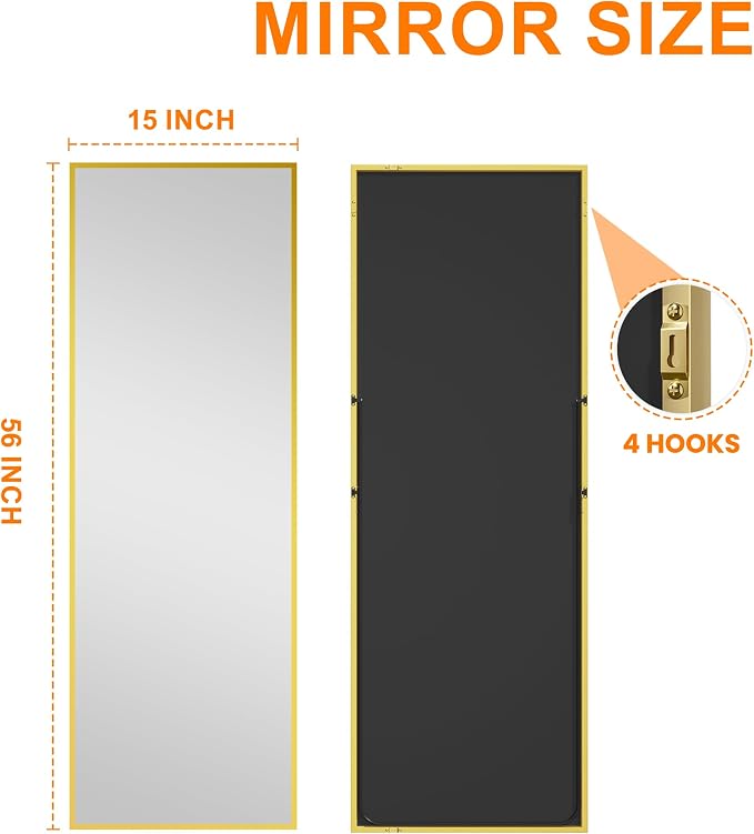 TRAHOME Standing Mirror Full Length Mirror,15" x 56" Large Floor Mirror with Aluminium Frame for Door Bedroom Bathroom Living Room(Gold)