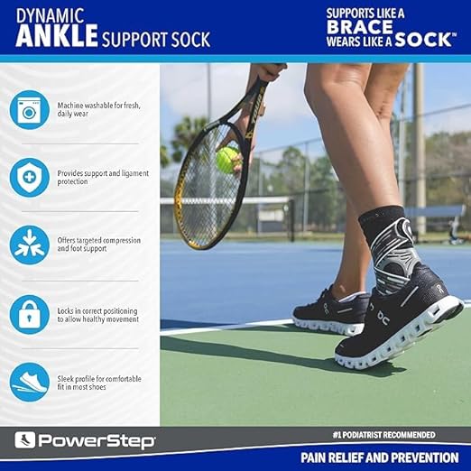 PowerStep Dynamic Ankle Support Sock, Ankle Brace and Ankle Compression Sock, for Flexibility, Ankle Support and Injury Prevention, Pain Relief, Unisex (Right Large, Men's 10-12.5, Women's 11-13.5)