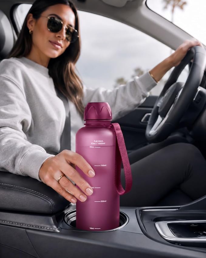 Slim Water Bottle 32 OZ with Stainless Steel Lid, Dishwasher Safe 1 Liter Plastic Water Bottle BPA-Free, Leakproof Lightweight with Time Marker, Reusable for Running School Sport Gym Travel Hiking