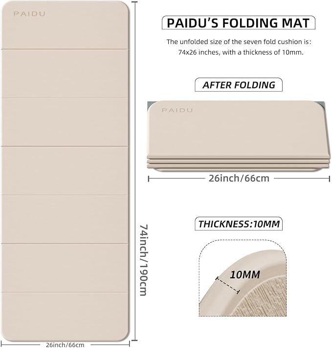 PAIDU Foldable Fitness Yoga Mat | 2/5" (10MM) Extra Thick | SGS Certified Non-Slip TPE | 75x26" Extra Long-Wide | Portable & Easy Store | for Yoga, Pilates, Home Gym & Full-Body Workouts