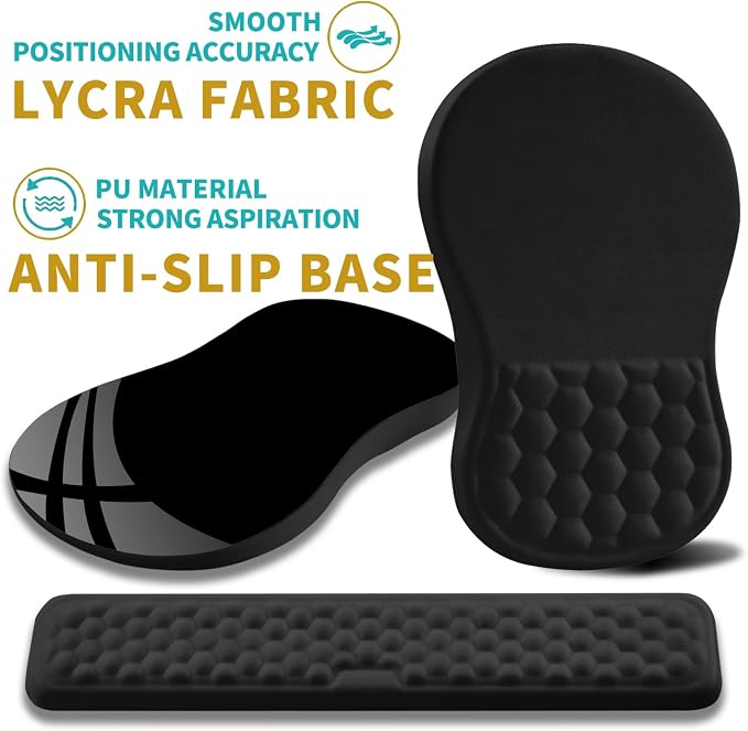 Hokafenle 2 in 1 Ergonomic Mouse Pad Wrist Support & Wrist Rest for Computer Keyboard Set, with Relieve Carpal Tunnel Pain Massage Bulge and Full Memory Gel Design (2In1 Set, Black)