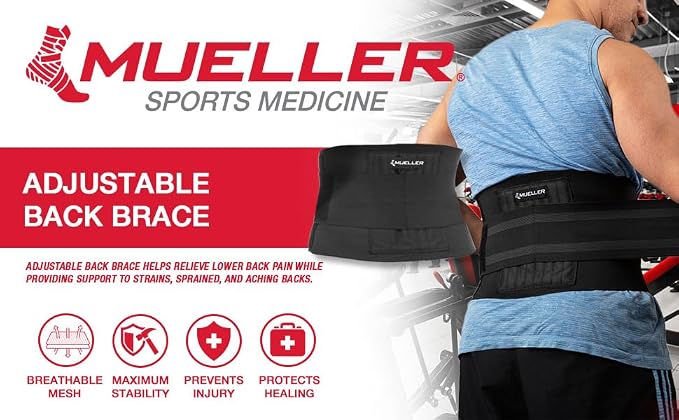 MUELLER Sports Medicine Adjustable Back Brace, Ideal for Upper and Lower Back Pain, Relief & Support for Men and Women, Strains, Sciatica, Scoliosis, Black
