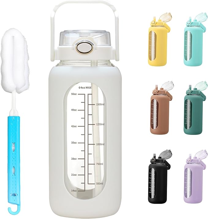 chunmo 64oz Glass Water Bolttles with Straw Half Gallon Large Motivational Water Bottle with Time Marker Sports Water Bottles with Silicone Sleeve and Handle Lid Water Jug for Gym Workout