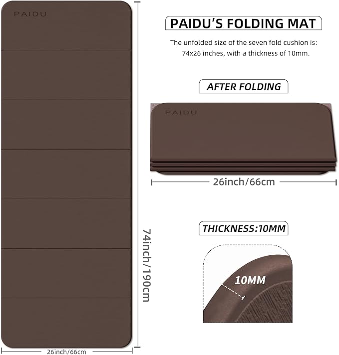 PAIDU Foldable Fitness Yoga Mat | 2/5" (10MM) Extra Thick | SGS Certified Non-Slip TPE | 75x26" Extra Long-Wide | Portable & Easy Store | for Yoga, Pilates, Home Gym & Full-Body Workouts