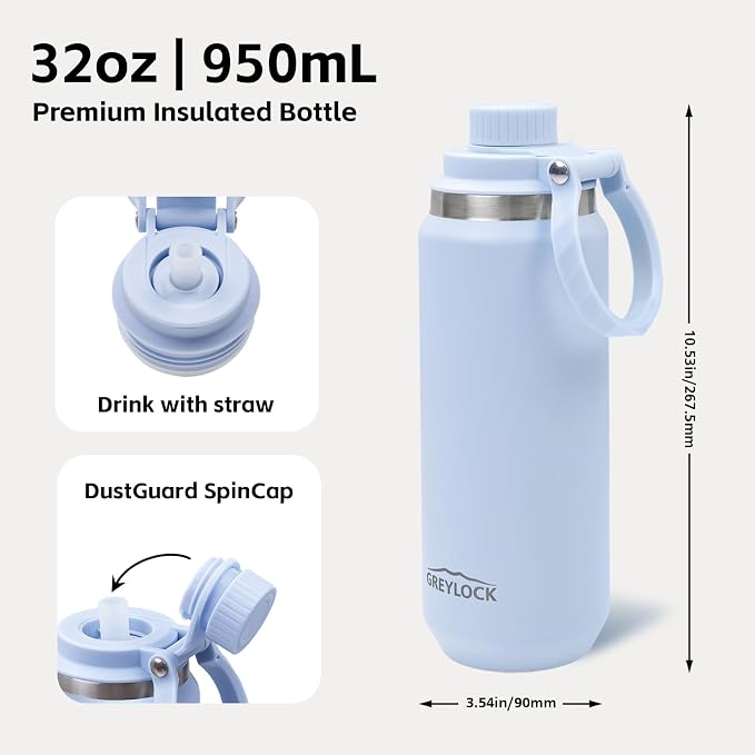 GREYLOCK 32 oz Insulated Water Bottle with Straw Lid, Leakproof Reusable Stainless Steel Vacuum Flask, 24hr Cold & Hot, Carry Handle & Silicone Spout, BPA-Free for Gym, Hiking, Travel,Blue