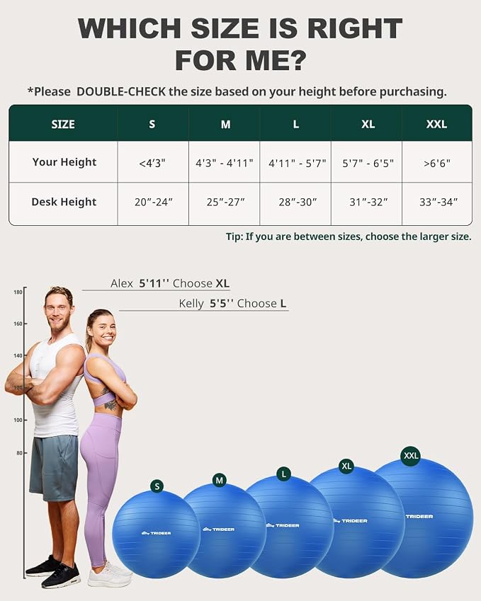 Trideer Yoga Ball for Exercise, Pilates, Core & Balance Training, Stability Ball for Pregnancy & Birthing Prep, Physical Therapy, Daily Stretching, Office Chair for Active Sitting, Quick Pump Included