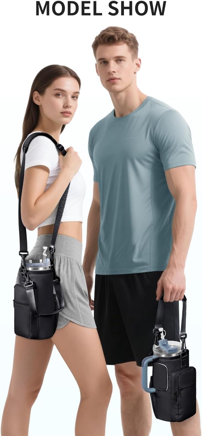 sportsnew 30/40oz Crossbody Water Bottle Holder Anti-Tip Tumbler Carrier | Lightweight Bottle Sling Fits Handled Tumbler w/ Phone Pocket, Adjustable Strap, Insulated Lining, Hands-free for Hiking Gym