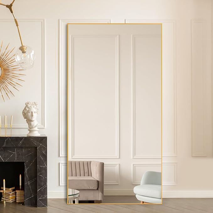 Beauty4U 76" x 34" Full Length Mirror with Stand, Gold Large Floor Mirror | Standing, Leaning, or Wall-Mounted Tempered Glass Full Body Mirror with Metal Frame for Bedroom, Closet, Modern Home Decor