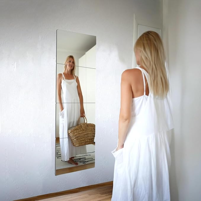 Unbreakable Wall Mirror Full Length,Over the Door Mirror for Bedroom,4Pcs 14inchx12inch Acrylic Mirror Kids,Shatterproof Plexiglass Long Mirrors,Children Non Glass Stick on Mirrors Tiles self adhesive