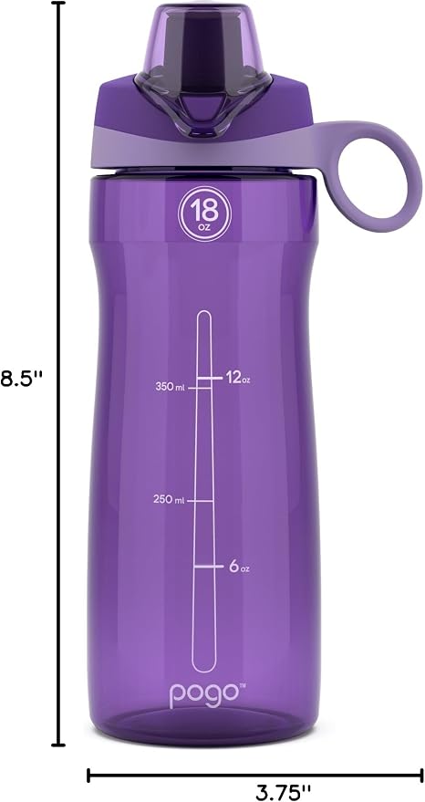 Pogo BPA-Free Plastic Water Bottle with Chug Lid, 18 Oz, Purple | Leakproof water bottle with chug lid and carry handle. BPA-free, great for travel, school, outdoors, and gym.