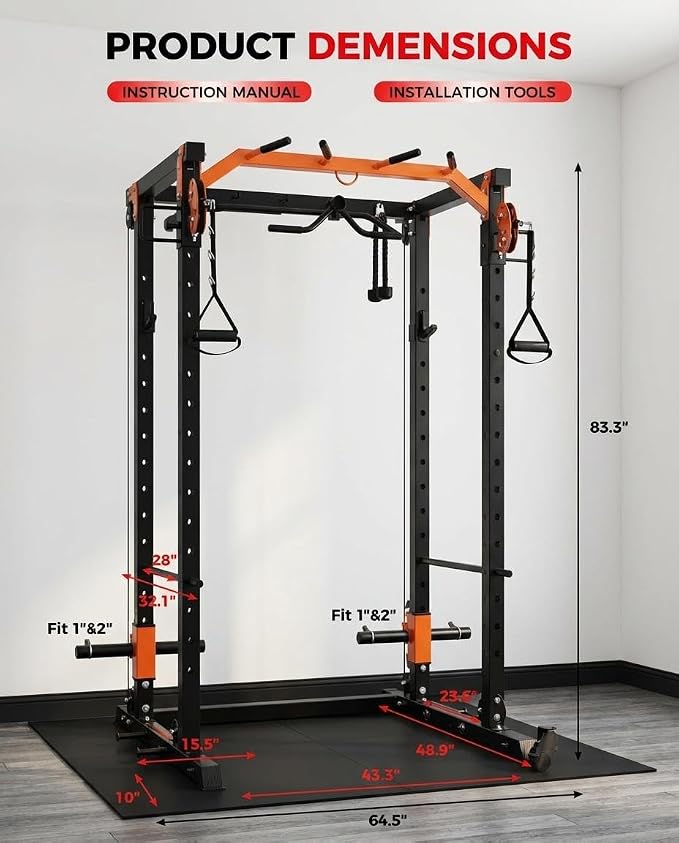 Power Cage with LAT Pulldown & Cable Crossover System, 2000LBS Multi-Functional Power Rack, All-in-1 Weight Cage Home Gym with Adjustable Pulley System, Squat Rack for Garage, Home