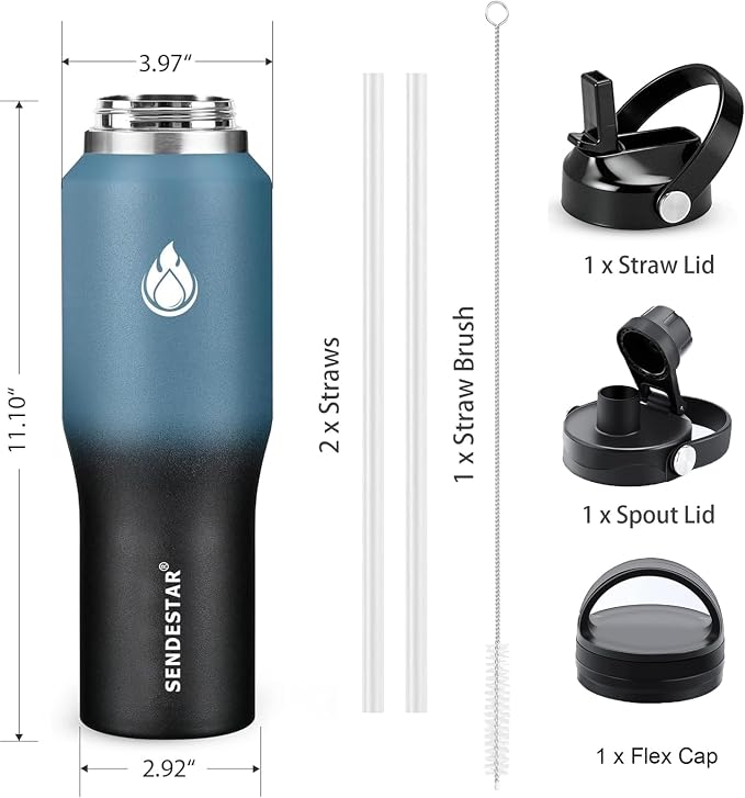 SENDESTAR 40oz Stainless Steel Water Bottle(Cold for 48 Hrs, Hot for 24 Hrs),Double Wall Vacuum Insulated Bottle with Straw Lid, Spout Lid and Flex Cap, Fit in Any Car Cup Holder,Cyanotic B