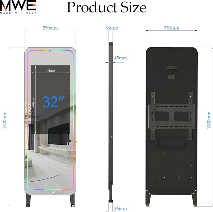 Smart Gym Mirror for Home Workout | 32" HD Touch-Screen Andriod OS | 63" Reflective Surface | No VIP Fees Support Various APPs, Music Sync LED Light Strip, for Home Gym/Yoga/Dance