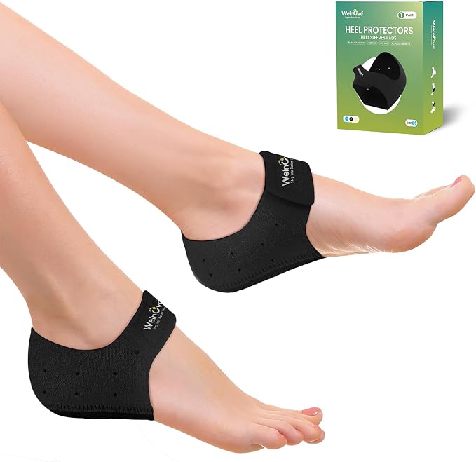 Welnove Gel Heel Protector Cups, Inserts Pads for Women Men, Plantar Fasciitis, Heels Spur, Achilles Tendonitis Dry Cracked Heel Support Cushion Black, Fit Best in Roomy Shoes (W 4.5-9 / M5-8)