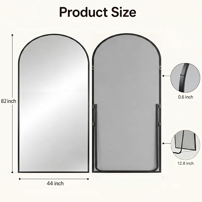 Antok Full Length Mirror, 44"x82" Floor Mirror with Stand, Hanging Mounted Mirrors for Bedroom, Living Room, Cloakroom, Dining Rooms, Black, Arched