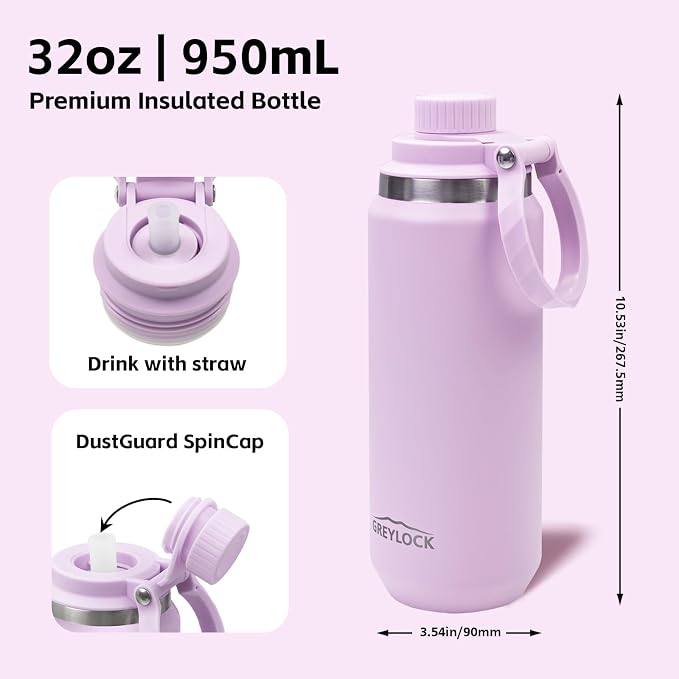 GREYLOCK 32 oz Insulated Water Bottle with Straw Lid, Leakproof Reusable Stainless Steel Vacuum Flask, 24hr Cold & Hot, Carry Handle & Silicone Spout, BPA-Free for Gym, Hiking, Travel, Purple