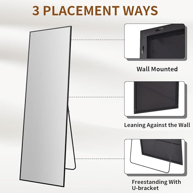VooBang Mirror Full Length, 24" x 65" Floor Mirror with Stand Black | Aluminum Alloy Frame Full Body Dressing Mirror Standing Hanging or Leaning Against Wall for Bedroom Living Room