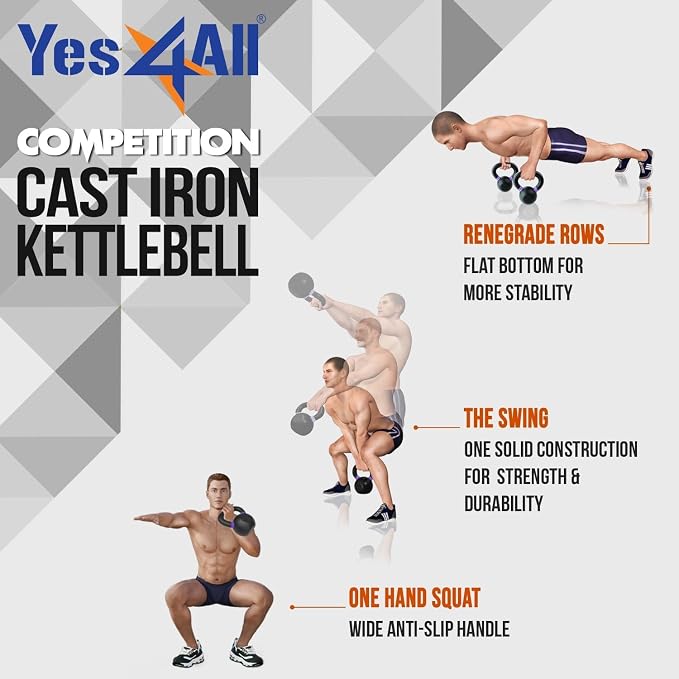 Yes4All Powder Coated Kettlebell, Cast Iron Core Kettlebells with Non-Slip Handle & Flat Bottom for Conditioning, Heavy Duty for Strength Training, 9lb to 71lb - Single & Pair