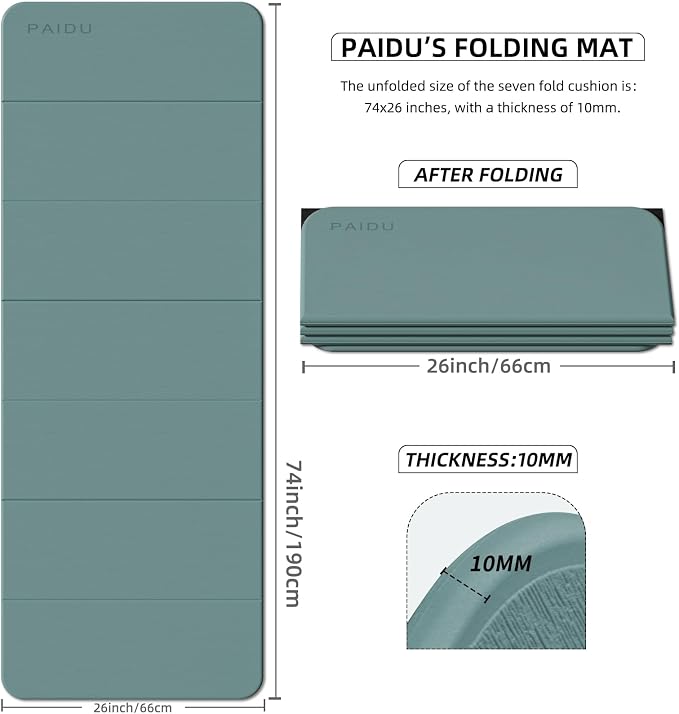 PAIDU Foldable Fitness Yoga Mat | 2/5" (10MM) Extra Thick | SGS Certified Non-Slip TPE | 75x26" Extra Long-Wide | Portable & Easy Store | for Yoga, Pilates, Home Gym & Full-Body Workouts