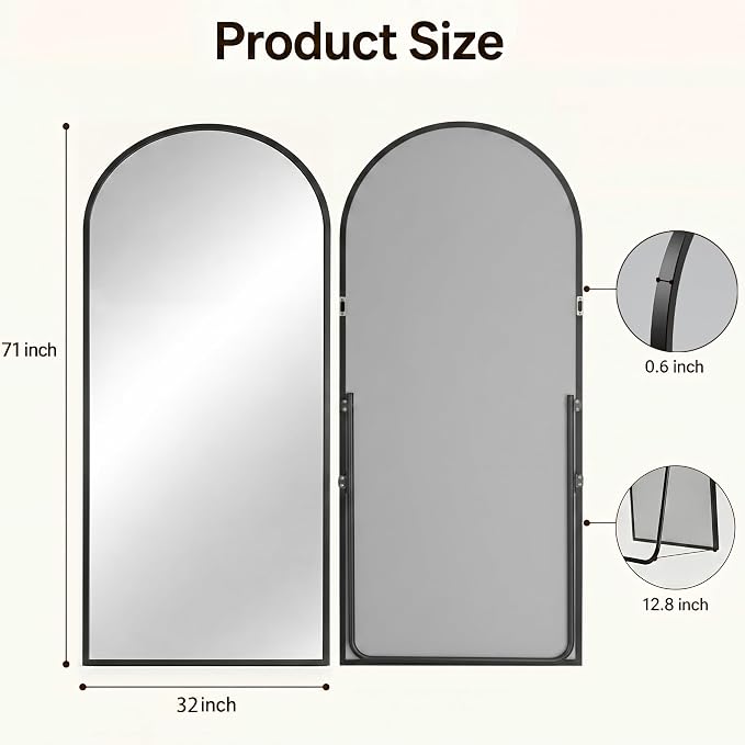 Antok Full Length Mirror, 71"x32" Floor Mirror with Stand, Hanging Mounted Mirrors for Bedroom, Living Room, Cloakroom, Dining Room, Black, Arched