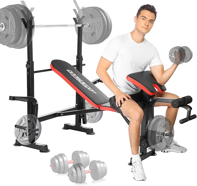 OPPSDECOR Weight Bench Set with Squat Rack, 900LBS Adjustable for Home Gym | Leg Extension & Curl, Preacher Curl Pad, ASTM-Certified 900LBS, Bench Press Rack, Full Body Workout, 2-Second Fold, US Stock