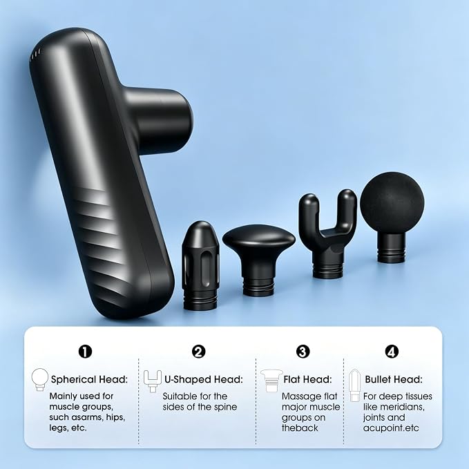 Mini Massage Gun, Powerful Yet Small Quiet Percussion Muscle Massager | Best Balance of Power and Size, Handheld but not Palm-size with Brushless Motor, 4 Interchangeable Heads, Type-C Rechargeable