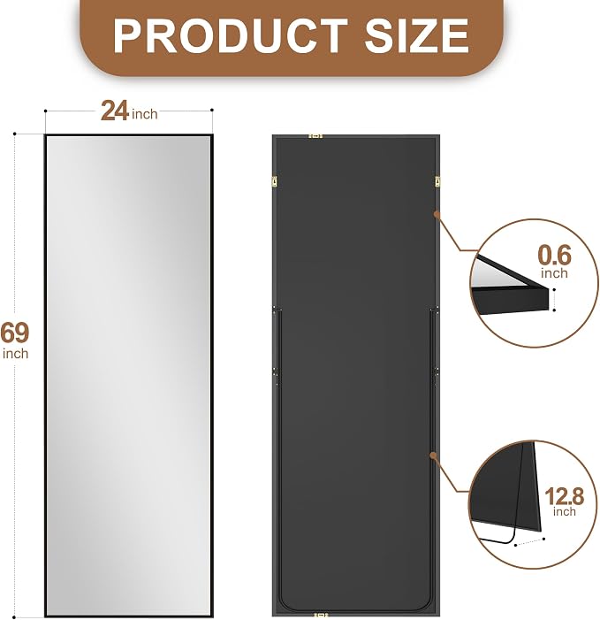 Delma Full Length Standing Mirror,Large Floor Mirror with Aluminum Frame for Bedroom, Bathroom, Living Room,Wall Mount or Freestanding Design(with Stand,Rect 69x24-Black)