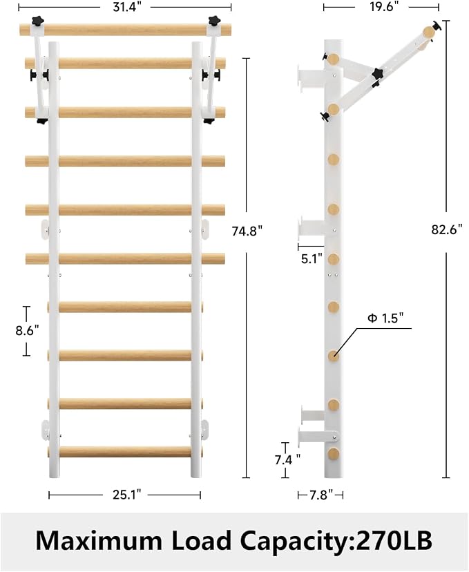 Swedish Ladder Wall Gym, Wooden Wall-Mounted Stall Bars with Pull-up Bar & Exercise Straps & Dip Bars, Stretching Ladder Full Body Home Gym Adults New