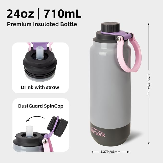 GREYLOCK 24 oz Insulated Water Bottle with Straw Lid, Leakproof Reusable Stainless Steel Vacuum Flask, 24hr Cold & Hot, Carry Handle & Silicone Spout, BPA-Free for Gym, Hiking, Travel,Grey