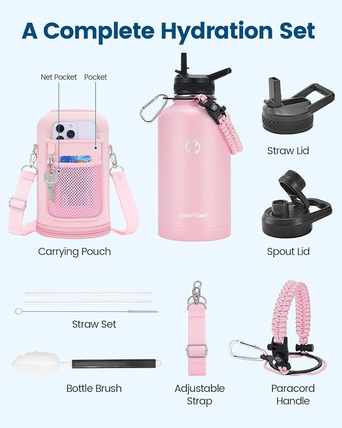 Insulated Water Bottle 64 oz with Carrier Bag, Pink | Stainless Steel, Vacuum Insulated Keep Cold 48 Hrs, Half Gallon Large Water Jug, For Travel, Sport, Gym, Hiking
