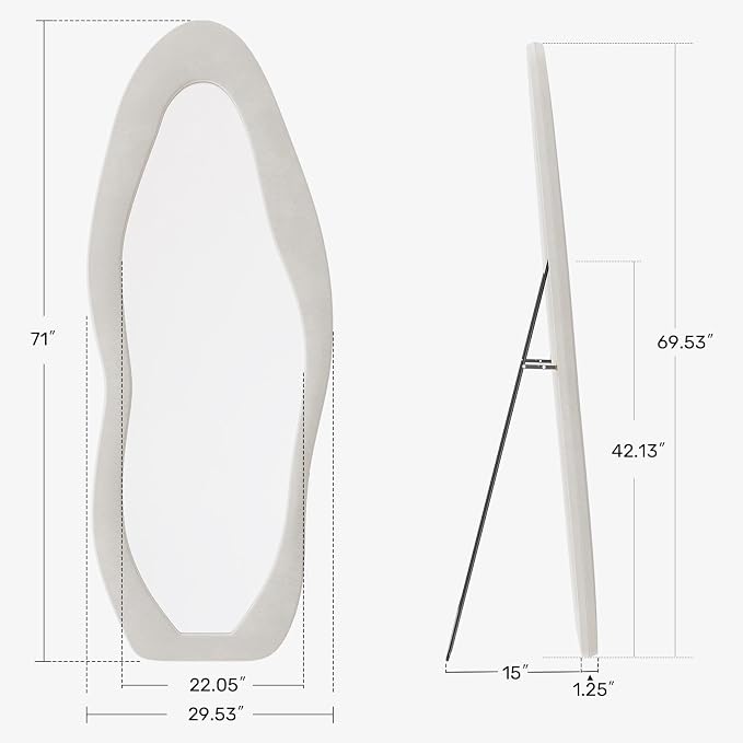 Full Length Mirror, 71"x30" Flannel Floor Mirrors with Stand | Flannel Floor Mirrors with Stand, Irregular Wavy Mirror Hanging or Leaning Against Wall for Bedroom Living Room, White