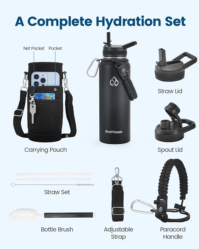 Insulated Water Bottle 40 oz with Carrier Bag, Black | Stainless Steel, Vacuum Insulated Keep Cold 48 Hrs, Large Metal Water Jug, For Travel, Sport, Gym, Hiking